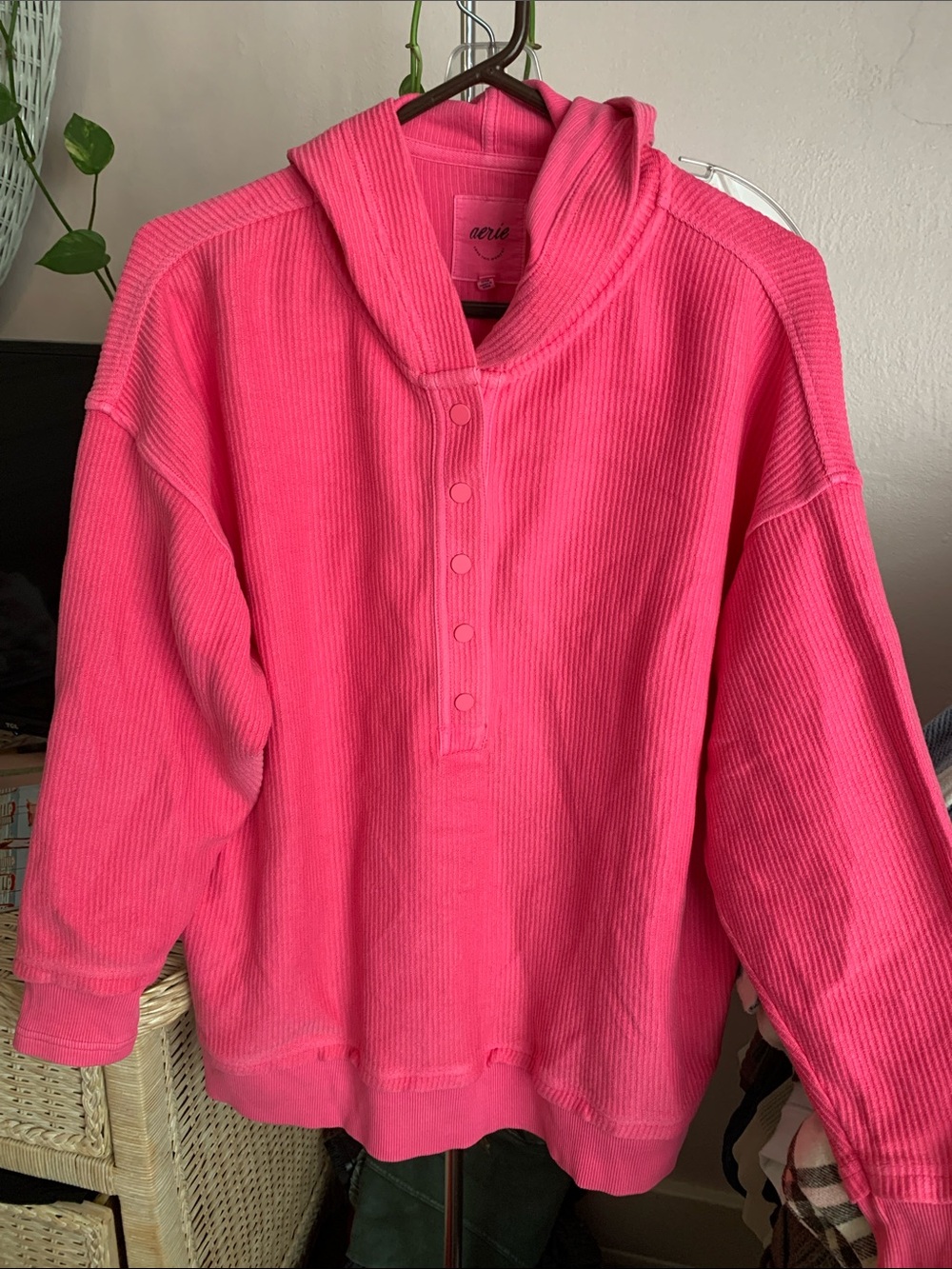 aerie Hot Pink Ribbed Hooded Pullover Sweatshirt